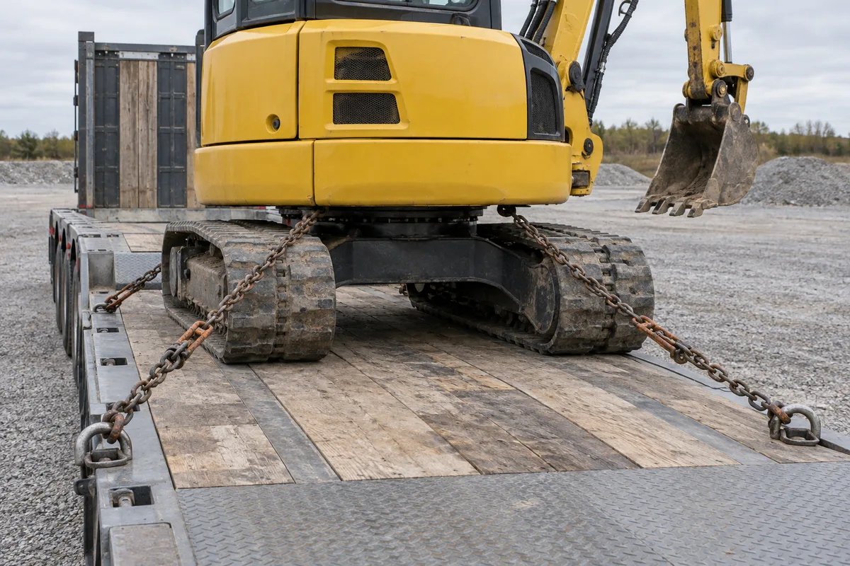 Engin de chantier jaune sans marquage attaché par des chaînes aux anneaux d&rsquo;un plateau de camion