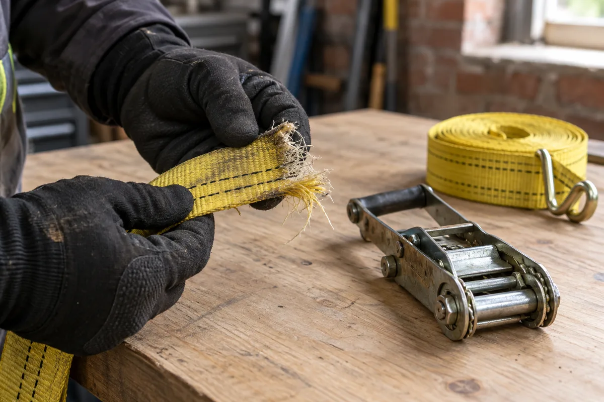 Mains en gants noirs inspectant une sangle jaune usée près d&rsquo;un cliquet sur un établi en bois