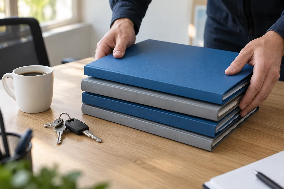 Mains posant des chemises cartonnées fermées sur une table de bureau, à côté d&rsquo;un trousseau de clés de camion