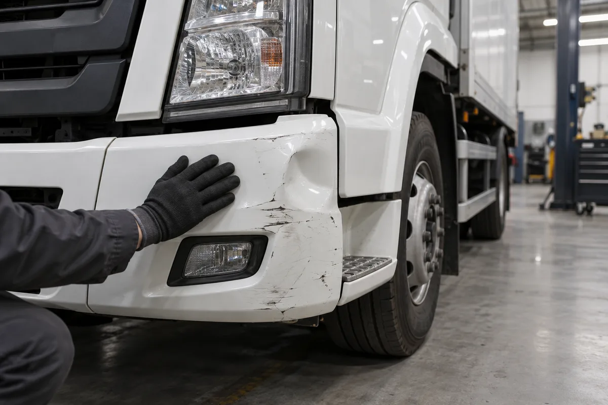 Angle avant d&rsquo;un camion porteur blanc légèrement enfoncé, dans un atelier au sol de béton gris