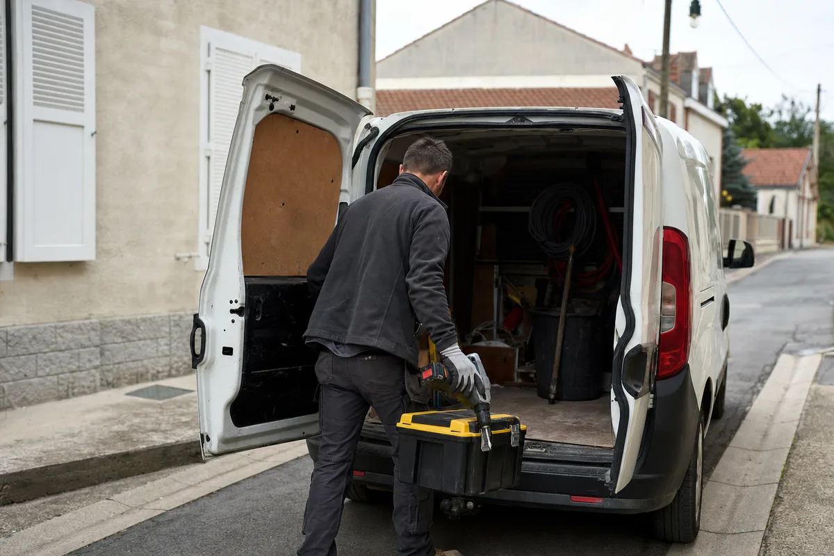 Artisan chargeant son outillage dans un fourgon utilitaire