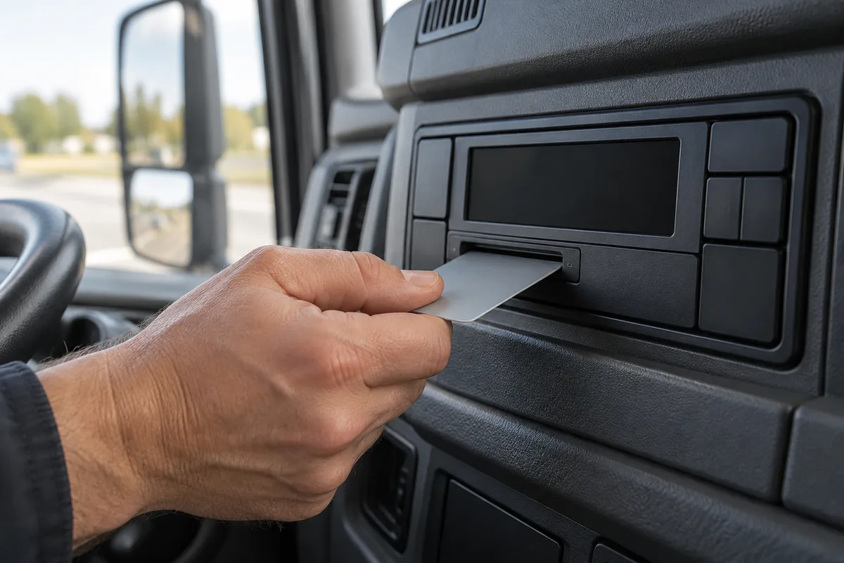 Main qui insère une carte conducteur dans le chronotachygraphe d’une cabine
