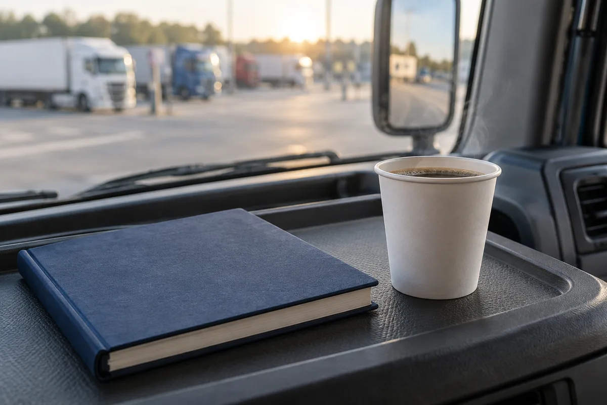 Carnet fermé et gobelet de café posés dans une cabine de camion le matin