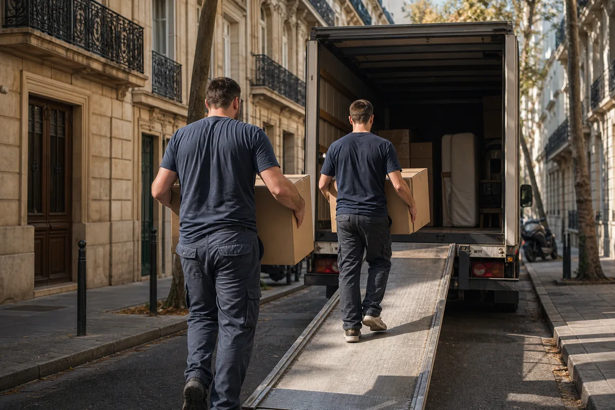 Déménageurs chargeant des cartons dans un camion en ville