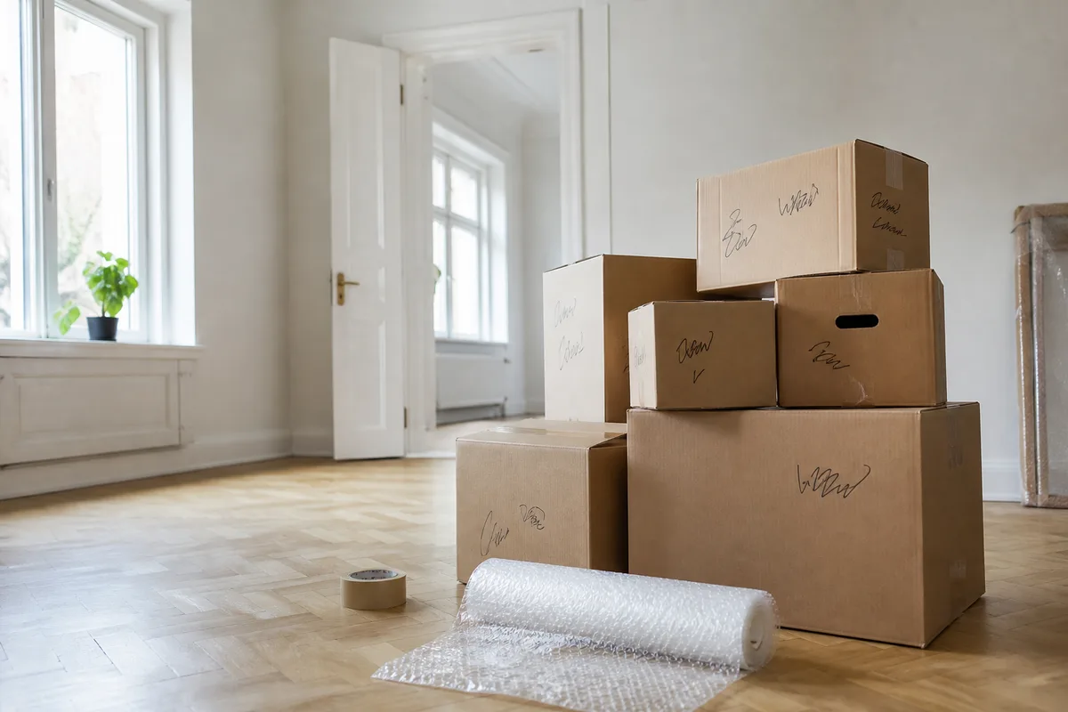 Cartons de déménagement empilés dans un salon vide