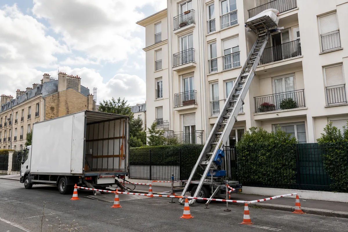Camion de déménagement stationné devant un immeuble résidentiel