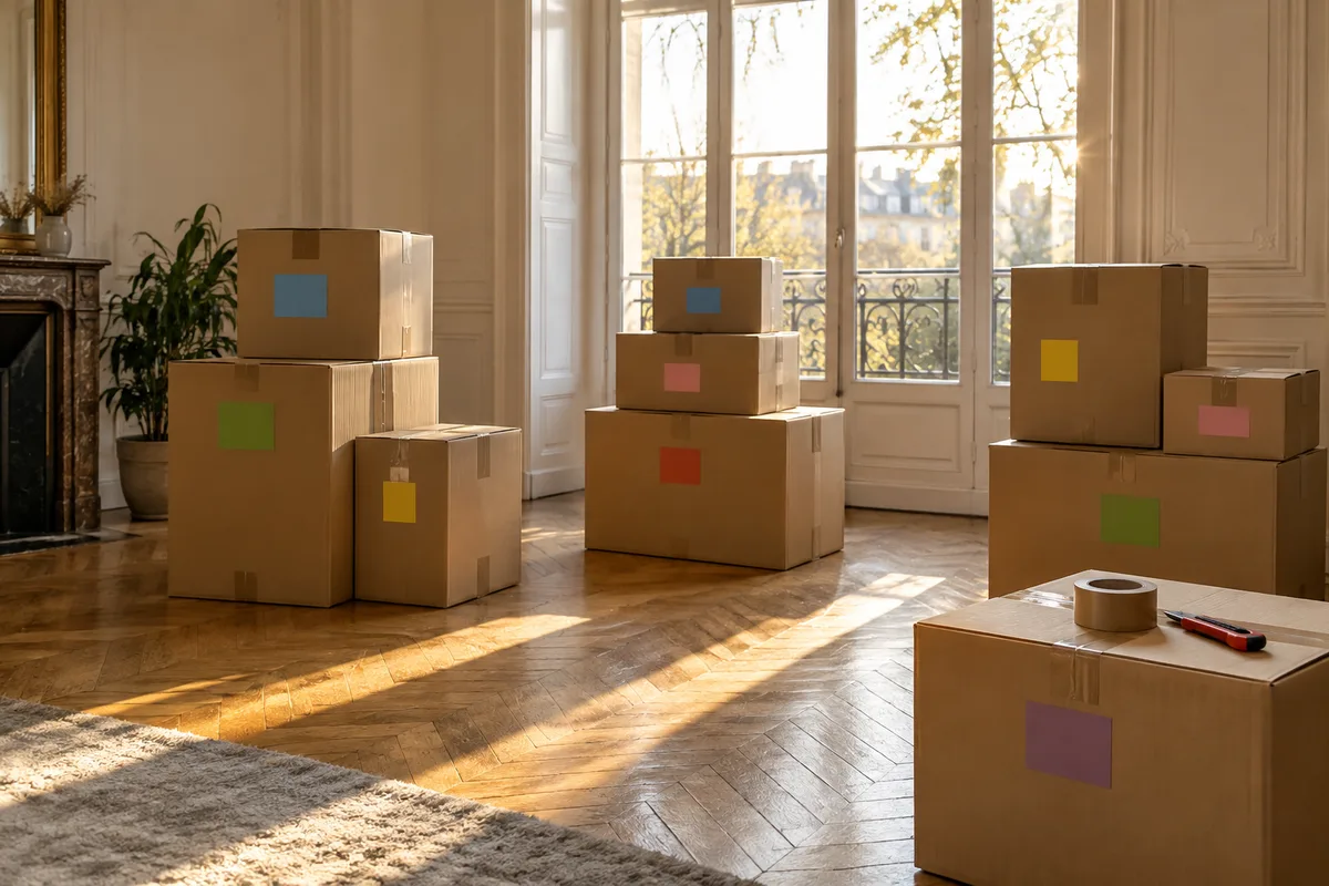Cartons étiquetés empilés par pièce dans un salon vidé de ses meubles