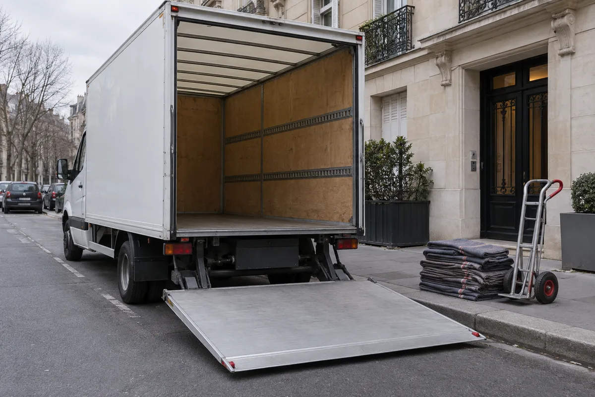Hayon ouvert d’un camion de déménagement devant un immeuble, couvertures de protection pliées au sol