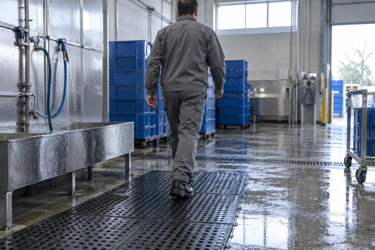 Préparateur de dos marchant sur des dalles perforées noires près d&rsquo;une zone de lavage d&rsquo;entrepôt