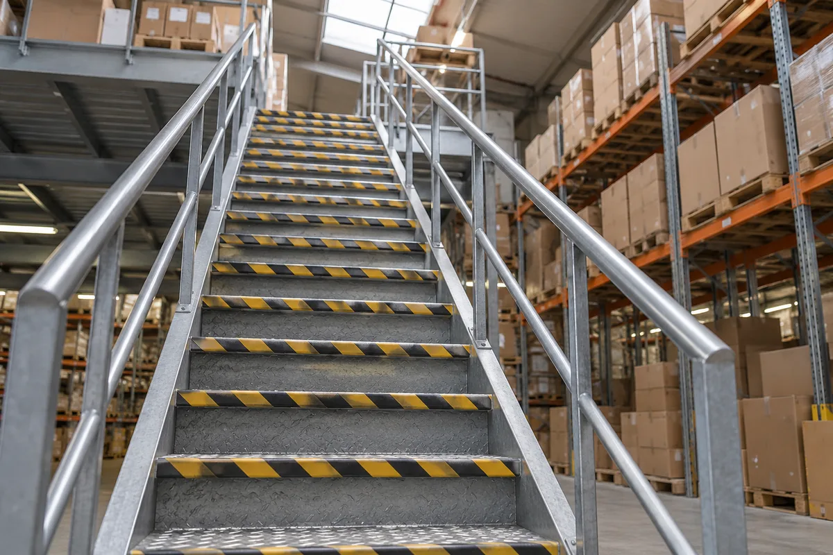 Escalier métallique de mezzanine d&rsquo;entrepôt avec bandes jaunes et noires au bord des marches