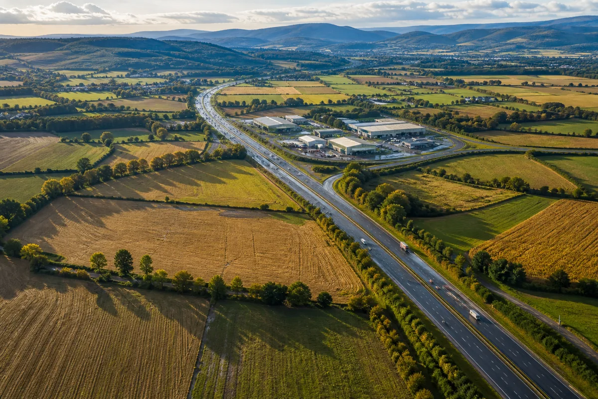 Zone d&rsquo;activités logistique en bordure d&rsquo;autoroute dans une plaine agricole, vue large en fin de journée