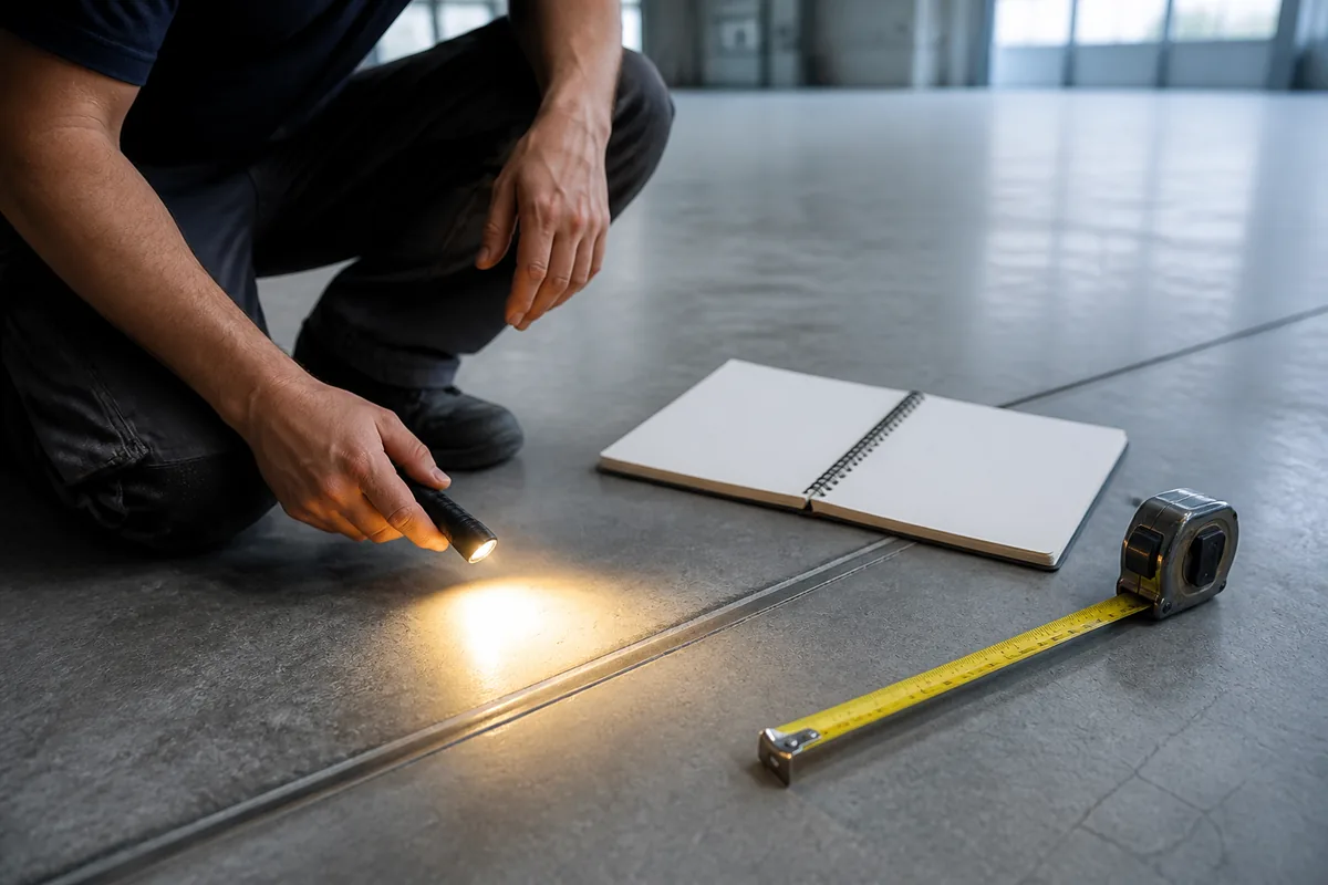 Technicien accroupi examinant la surface d&rsquo;un dallage béton avec une lampe et un carnet