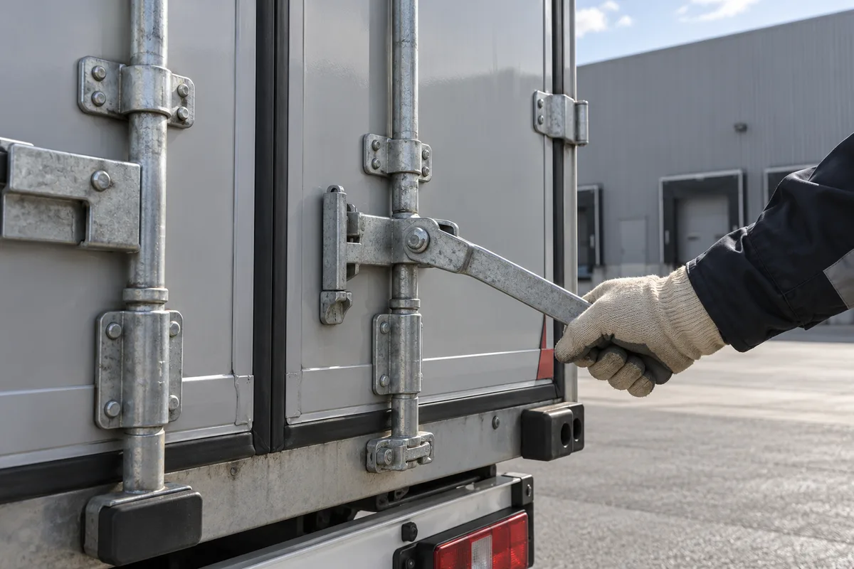 Main gantée fermant les portes arrière d’une semi-remorque grise avant son départ