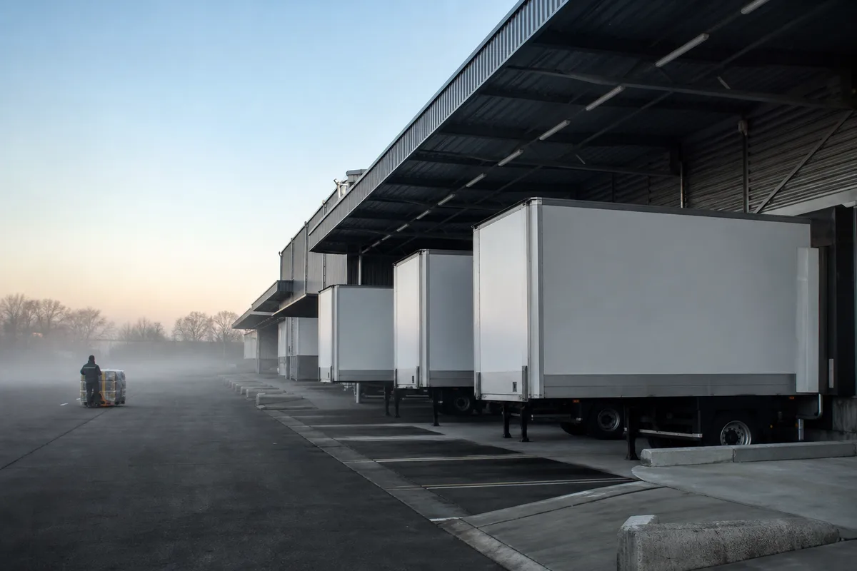 Quai de chargement d’une plateforme logistique au lever du jour avec semi-remorque à flancs unis