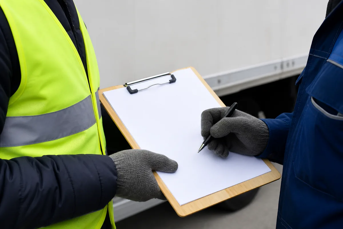 Feuilles blanches sur une planche à pince tenue par un conducteur en gilet haute visibilité
