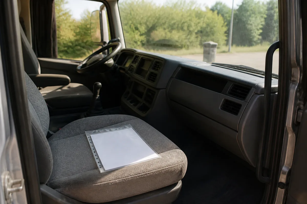 Cabine de poids lourd avec pochette transparente de feuilles blanches posée sur le siège passager