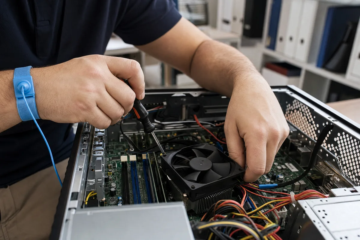 Technicien informatique intervenant sur une tour PC ouverte
