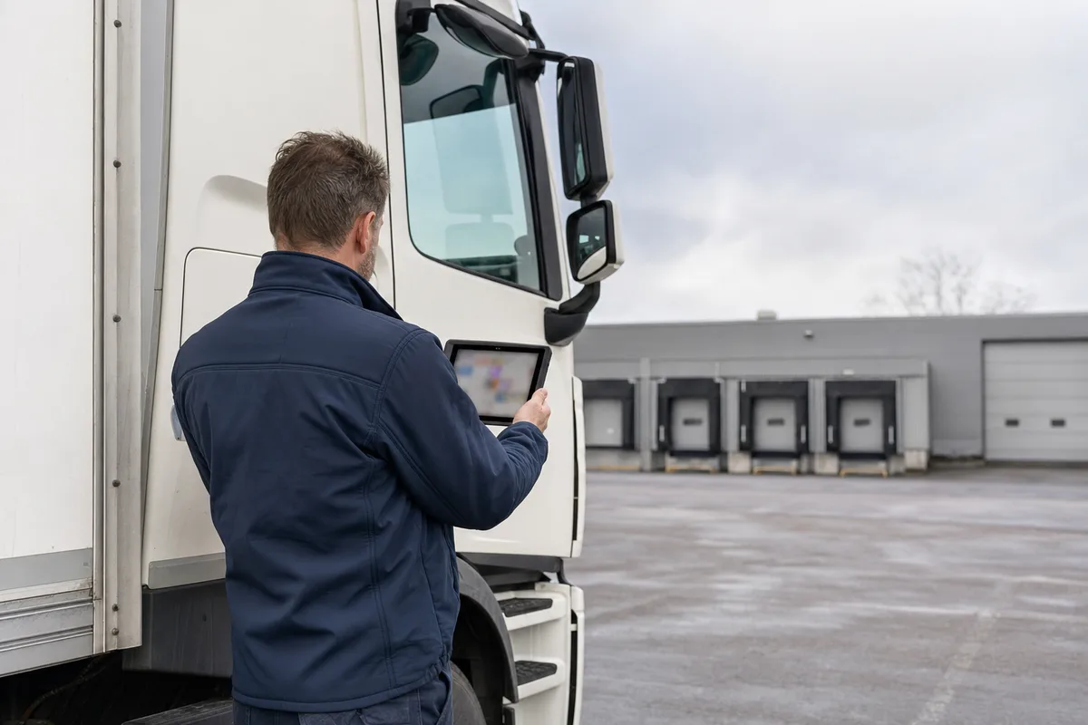 Chauffeur consultant une tablette près de son camion sur un parking d&rsquo;entreprise