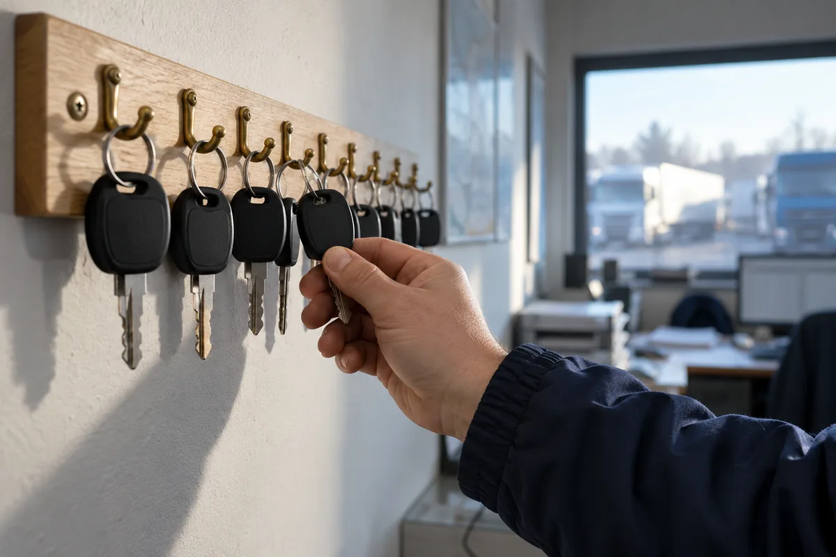 Main en manche de blouson bleu marine décrochant une clé noire d’un tableau à crochets dans un bureau d’exploitation