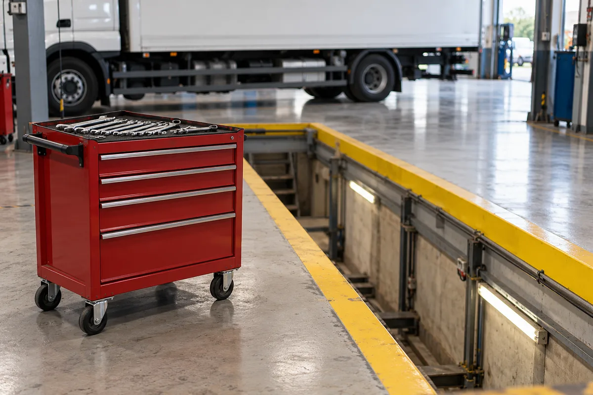 Atelier de maintenance de poids lourds avec fosse de visite, servante rouge et flanc blanc d’un porteur