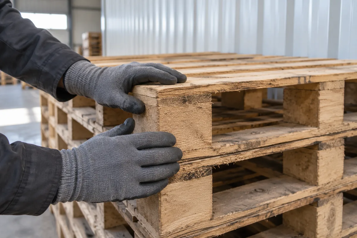 Mains gantées comptant une pile de palettes vides le long d’un mur d’entrepôt