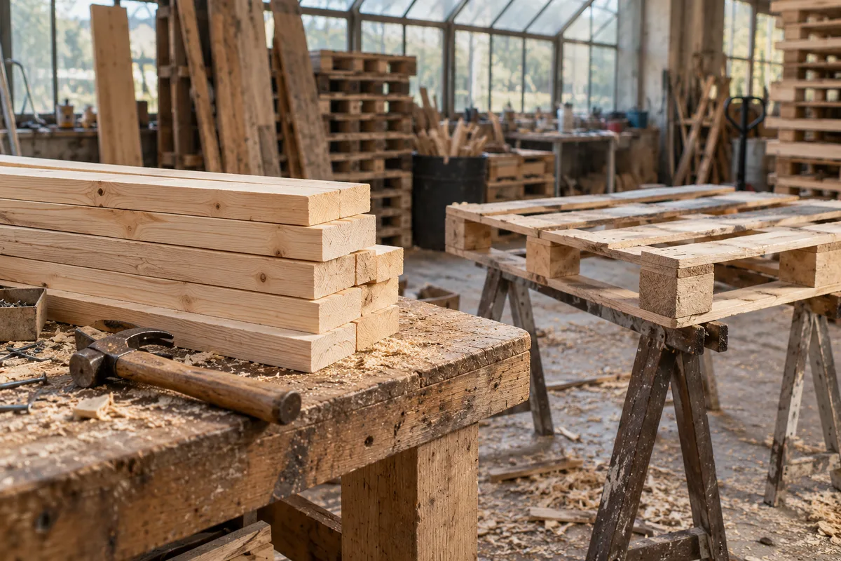 Établi d’atelier de réparation avec planches neuves et marteau près d’une palette