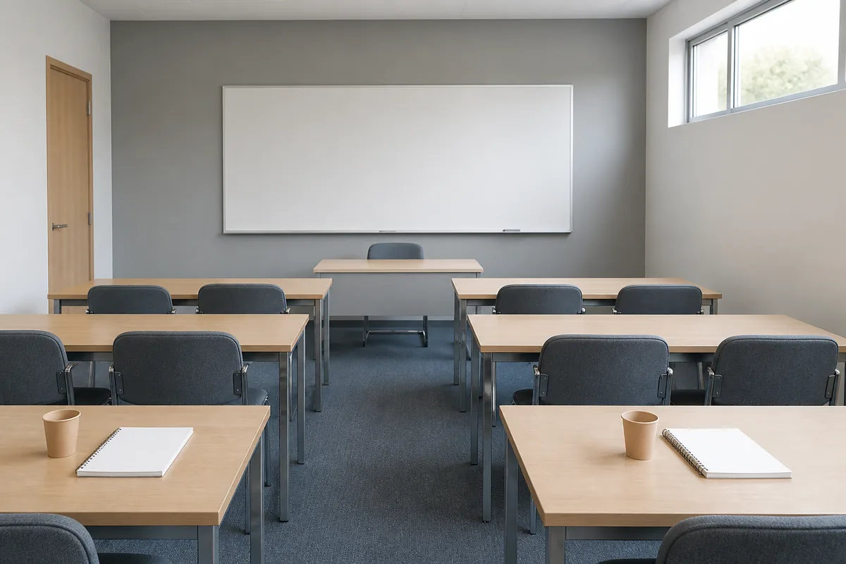 Salle de formation vide avec tables claires alignées et chaises en tissu gris devant un tableau blanc
