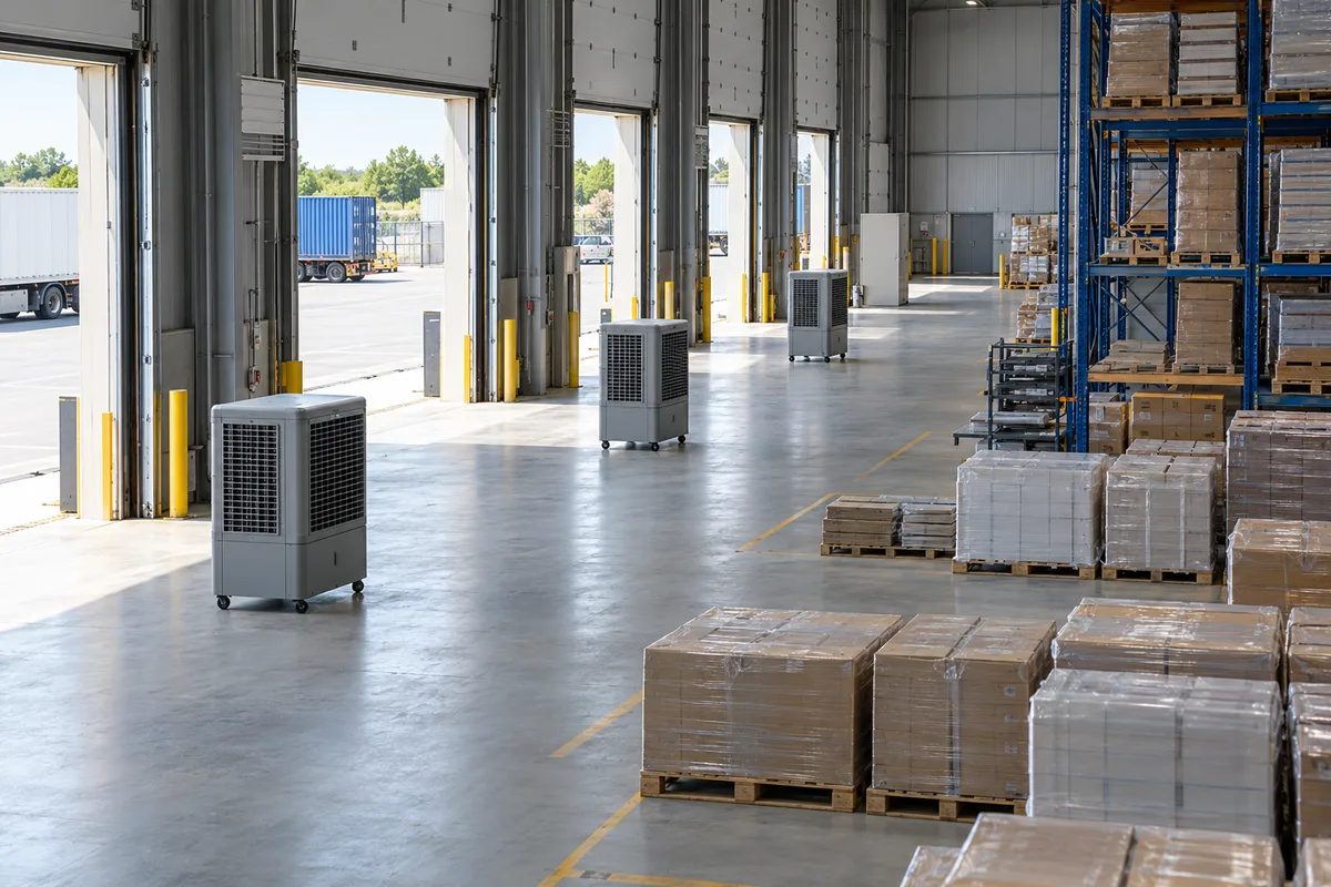 Trois rafraîchisseurs mobiles gris répartis le long des portes de quai d’un grand hall logistique