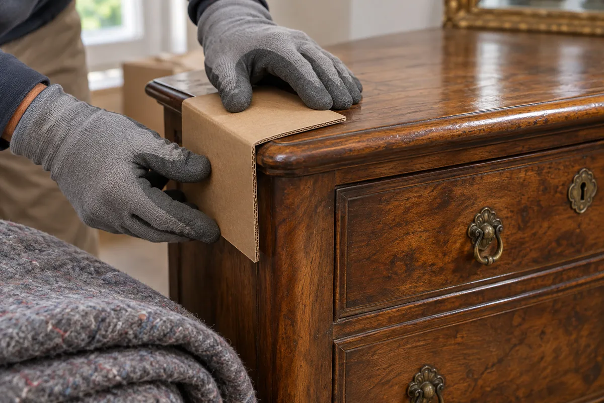 Mains gantées posant un coin de protection en carton sur l&rsquo;angle d&rsquo;une commode en bois