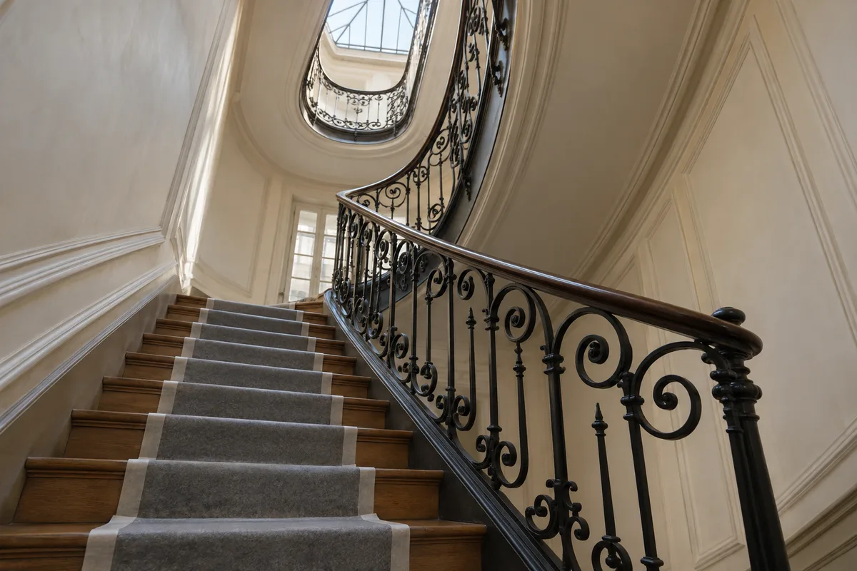 Cage d&rsquo;escalier d&rsquo;immeuble ancien aux marches couvertes d&rsquo;un feutre gris de protection