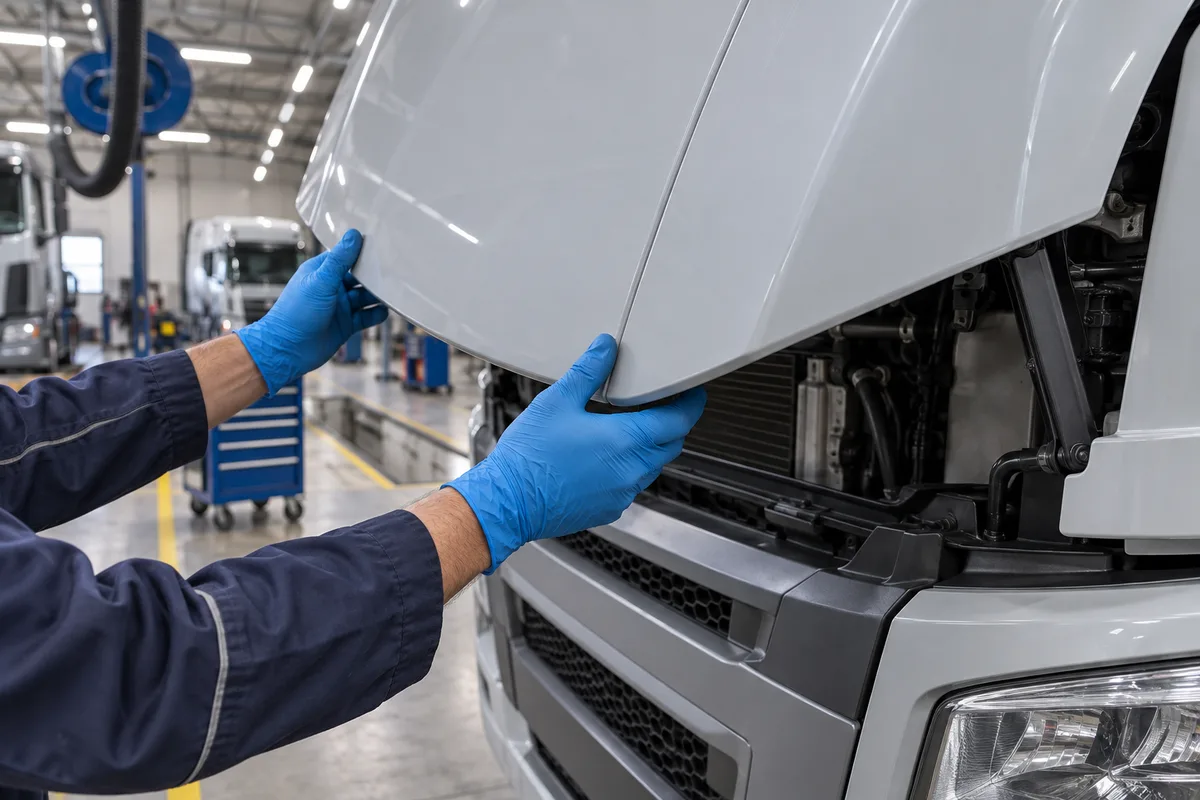 Mains d’un mécanicien refermant le capot moteur basculant d’un tracteur routier dans un atelier de maintenance poids lourd