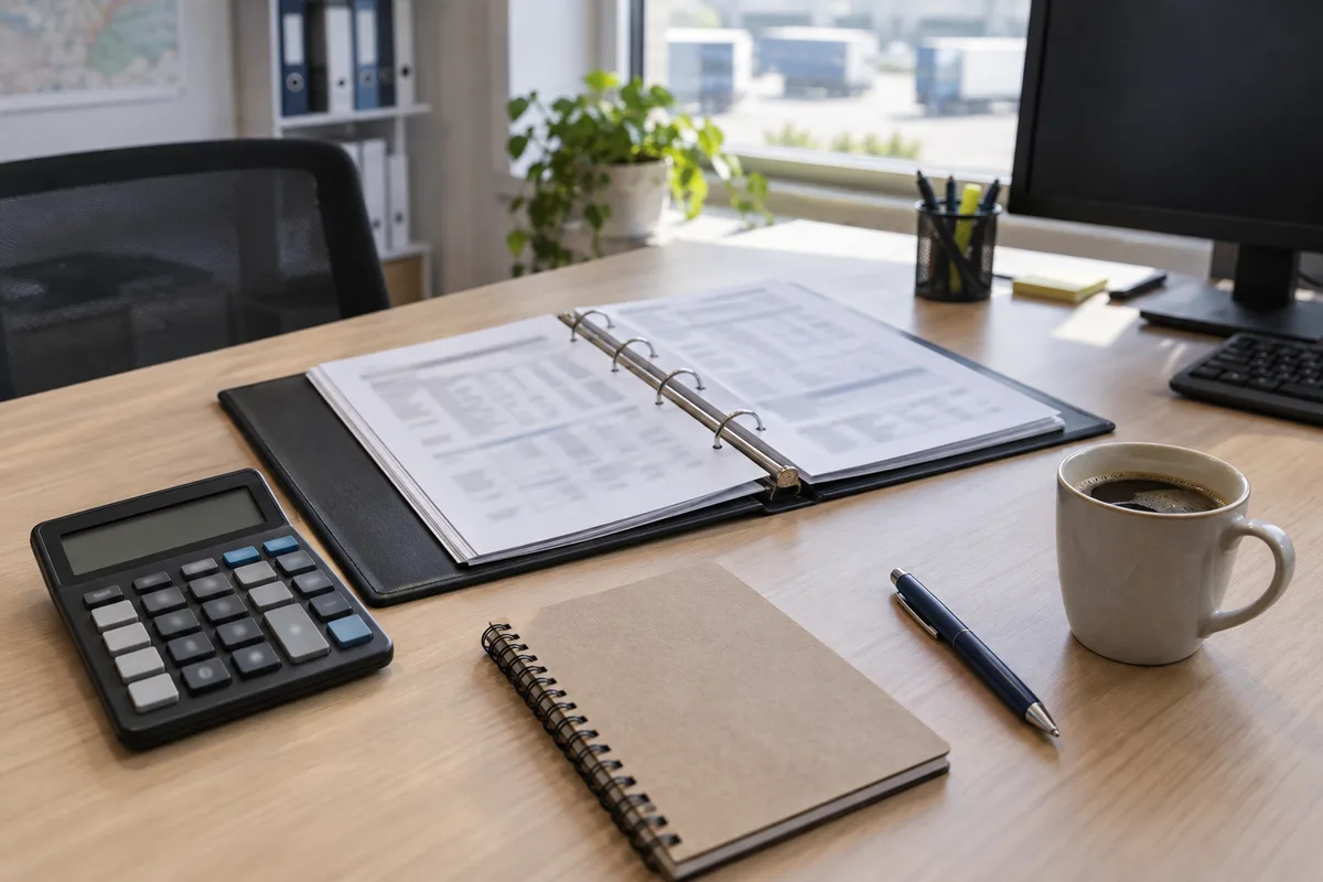 Bureau d’exploitation avec calculatrice, classeur de factures d’entretien ouvert et carnet de bord posés sur un plan de travail en bois