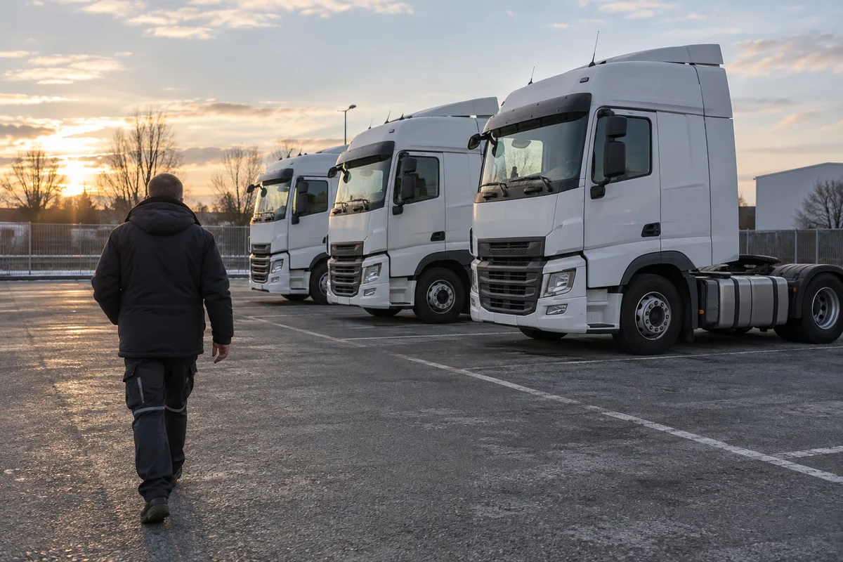 Vue de dos d’un exploitant marchant le long d’une rangée de tracteurs routiers stationnés sur le parc d’une entreprise de transport