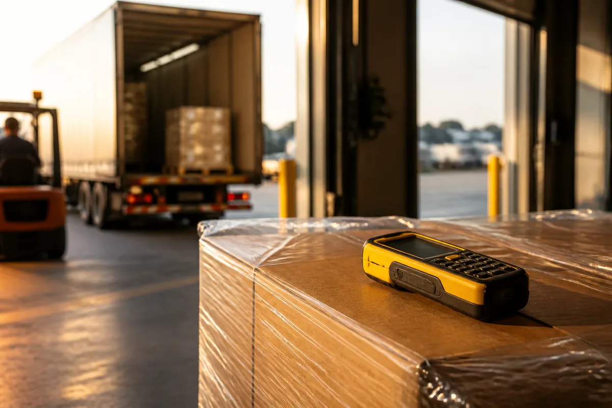 Quai de chargement et terminal portable posé sur un colis brun uni