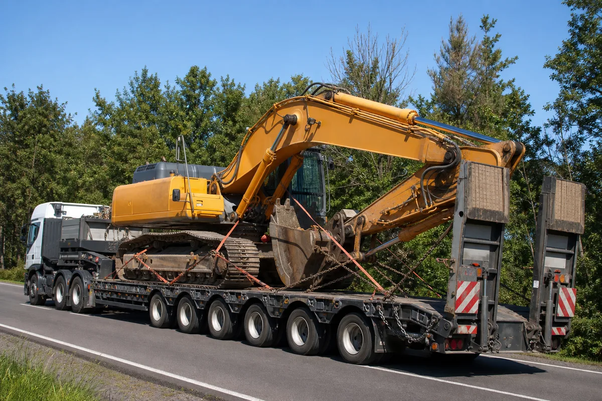 Remorque surbaissée porte-char transportant un engin de chantier sur une route de campagne