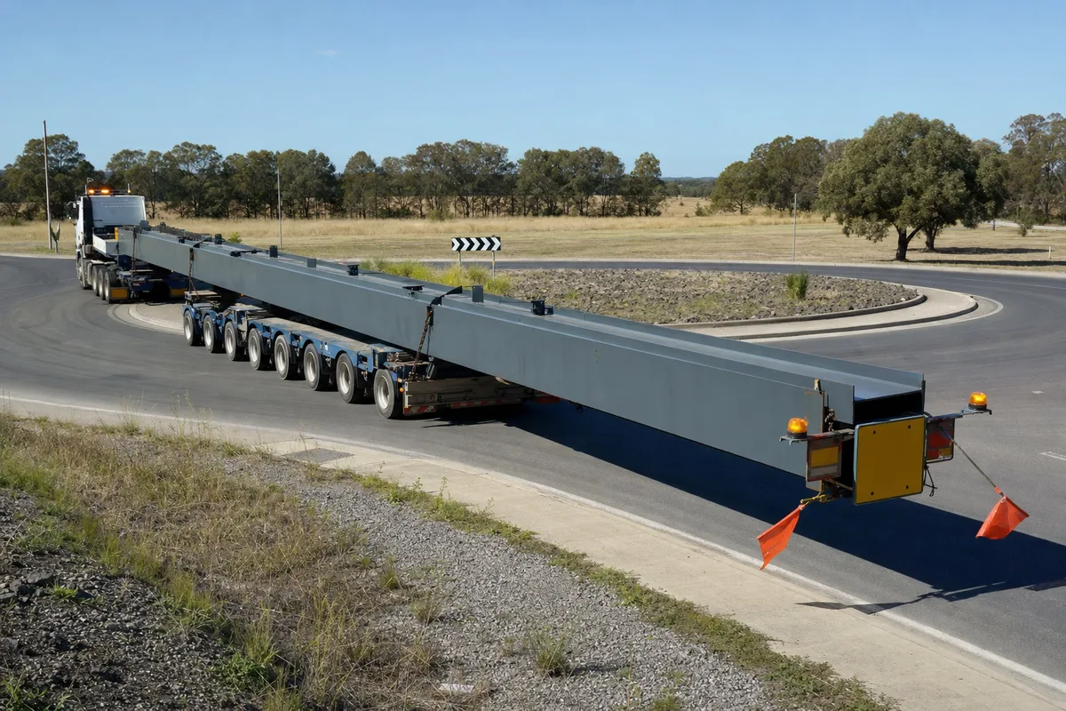 Convoi exceptionnel négociant un giratoire avec un large porte-à-faux sur une route dégagée
