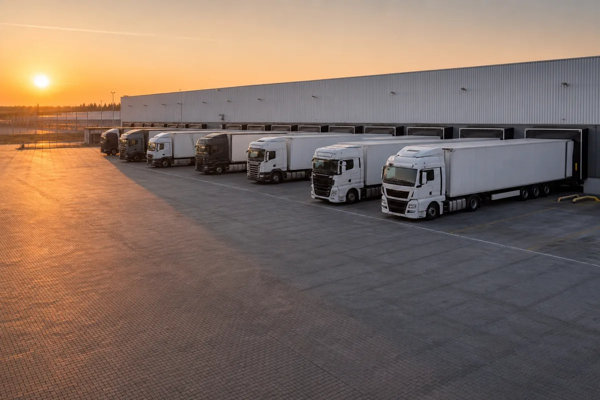Camions de transport garés en rangées sur une aire logistique au lever du jour