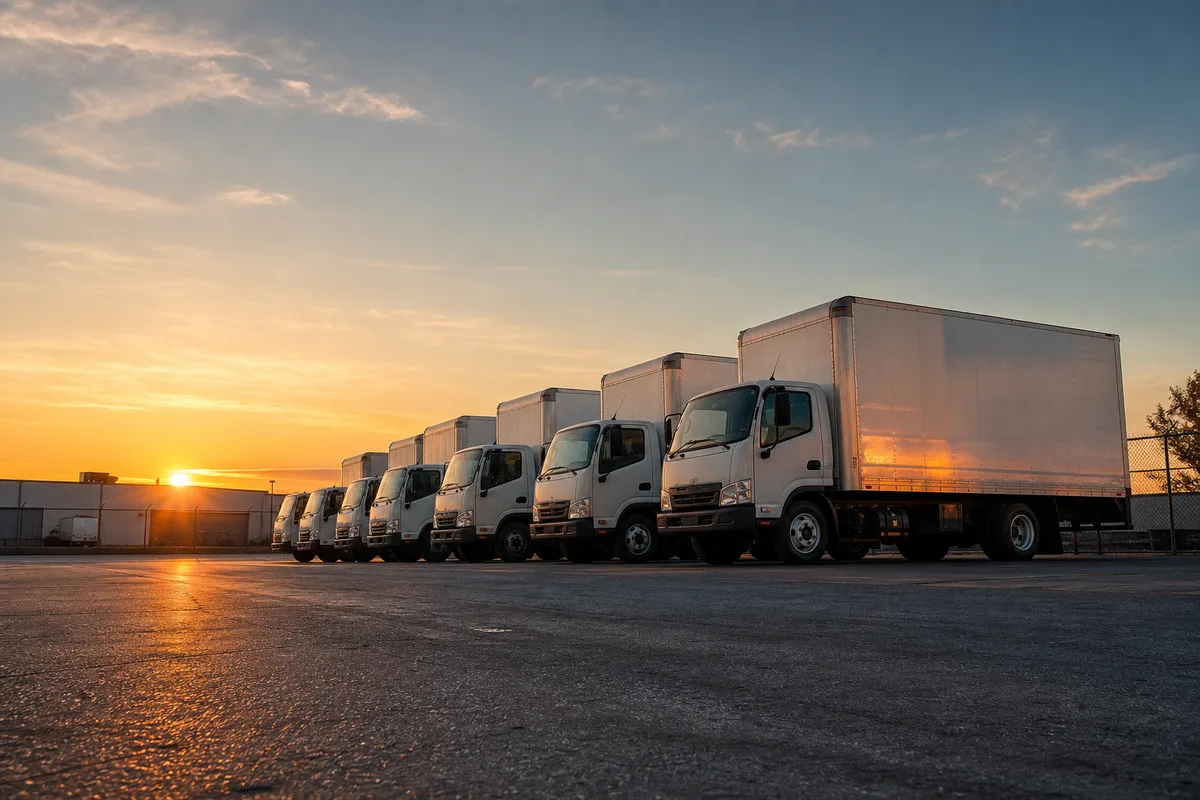 Camions garés côte à côte sur une plateforme logistique en fin de journée