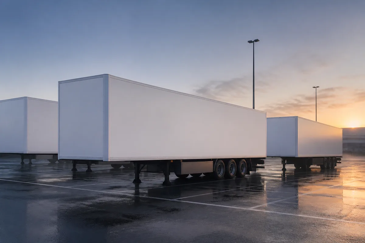 Semi-remorque à flancs unis stationné sur une aire logistique française au lever du jour