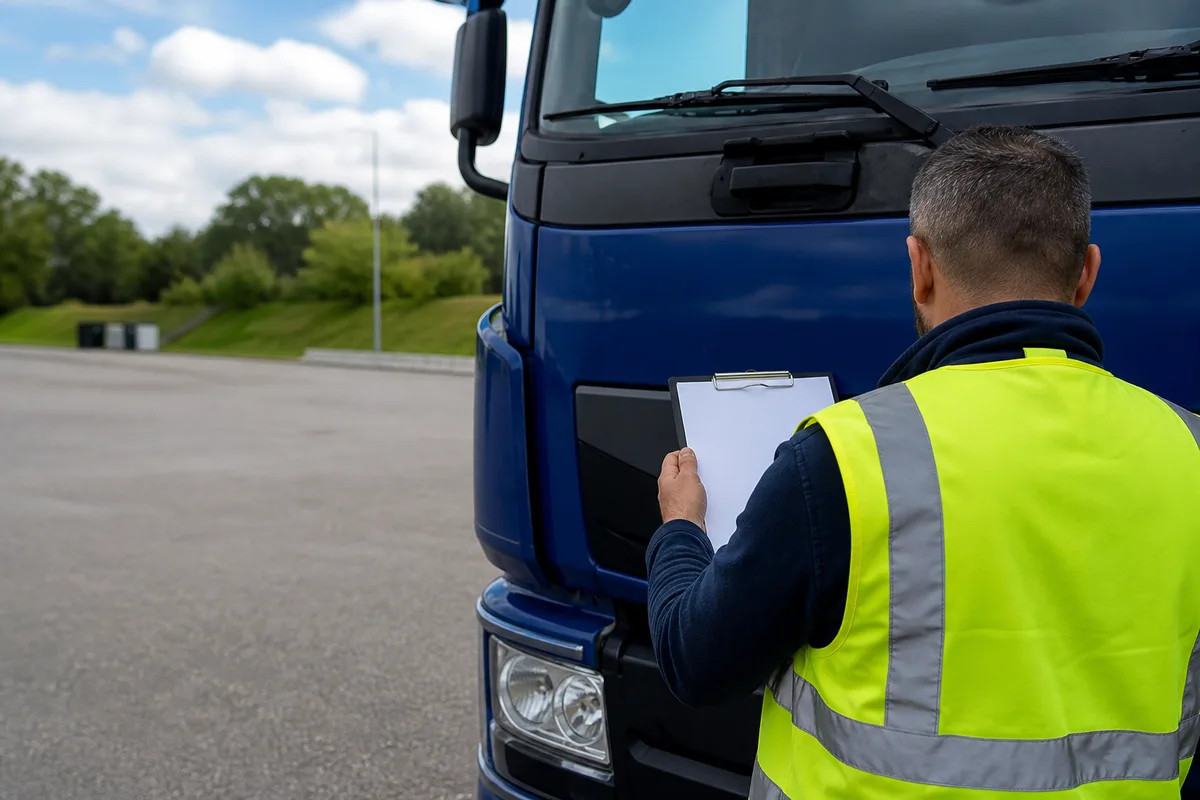 Conducteur de dos remplissant un document de transport à côté d’un porteur bâché sur une aire de repos