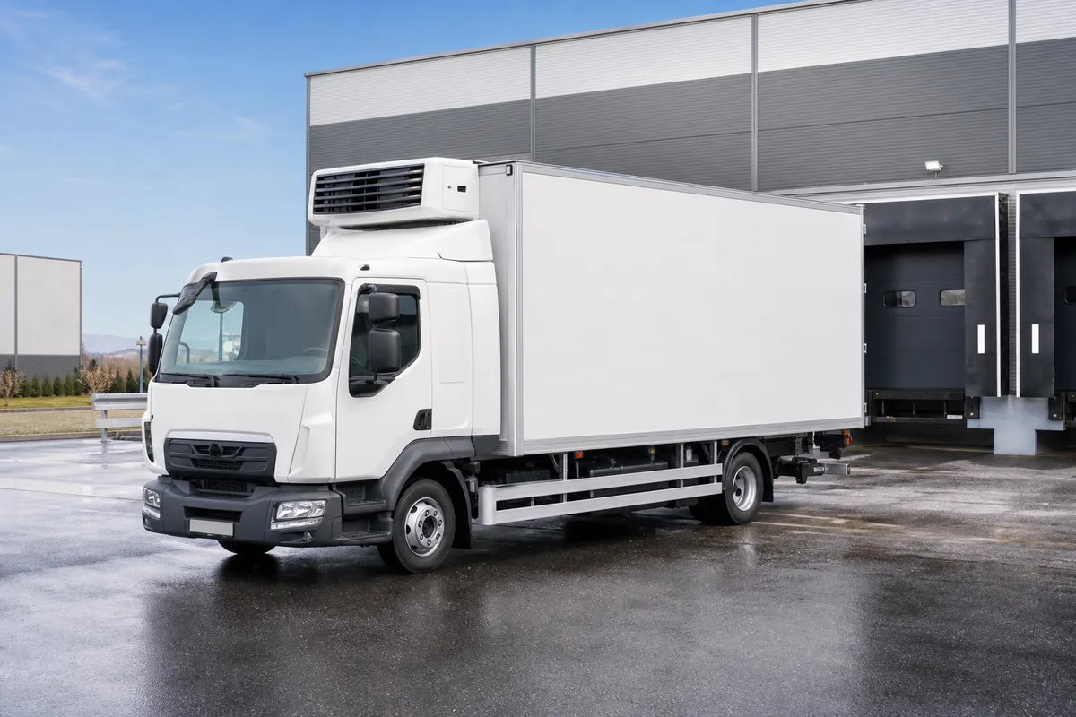 Camion frigorifique blanc garé devant un entrepôt logistique